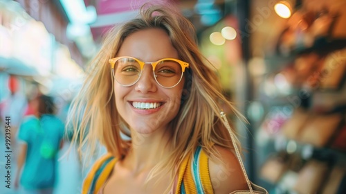 Beautiful happy stylish woman wearing yellow glasses blurred street background AI generated image