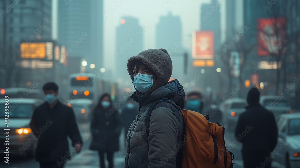 Urban Street Scene with Commuters Wearing Masks in a Smoggy Winter City Atmosphere Urban Street Scene with Commuters Wearing Masks in a Smoggy Winter City Atmosphere