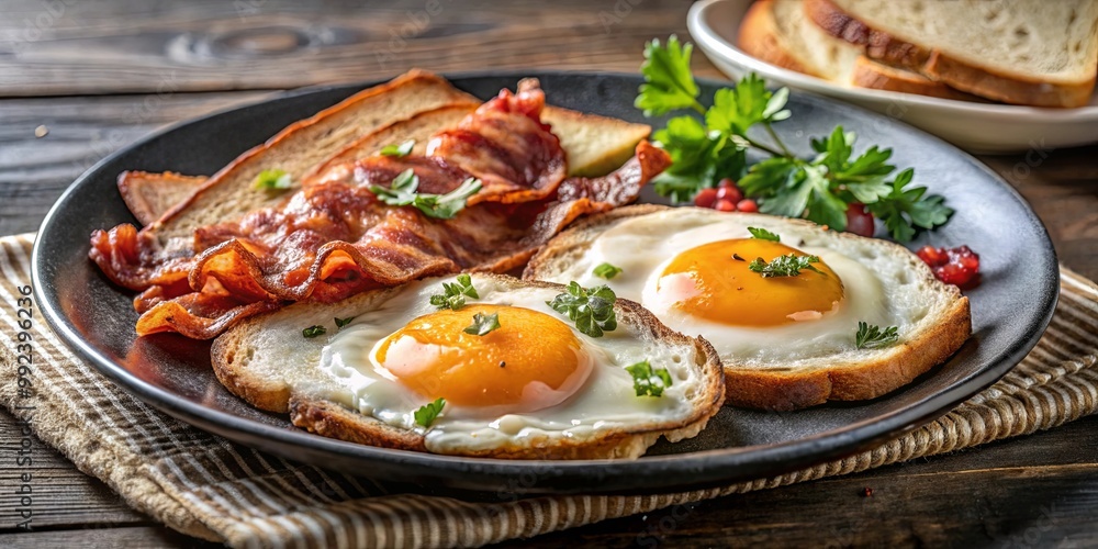 Crispy Bacon and Sunny-Side Up Eggs on Toasted Bread, a Hearty and Delicious Breakfast Treat Crispy Bacon and Sunny-Side Up Eggs on Toasted Bread, a Hearty and Delicious Breakfast Treat