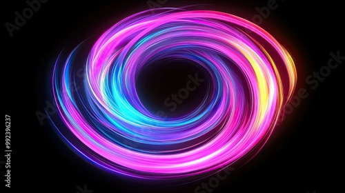 Abstract, fluid, iridescent, holographic neon oval illustration. Energy waves on a black background. A modern, futuristic, dynamic energy flow. 16:9