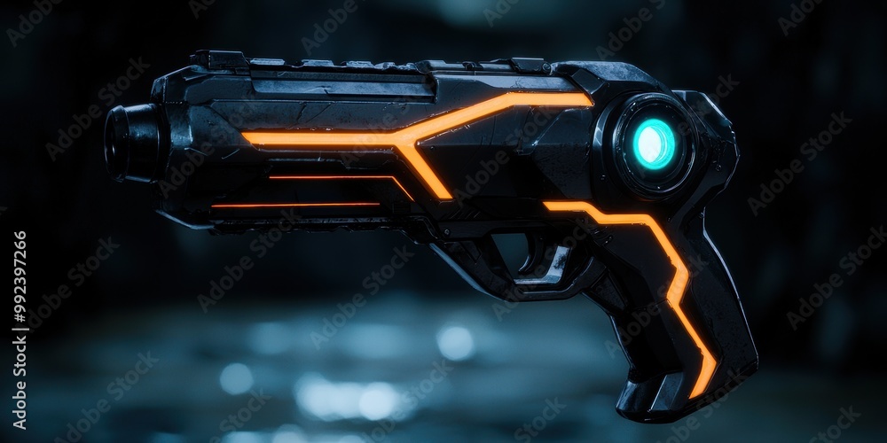 Futuristic sci-fi weapon with glowing orange and blue lights
