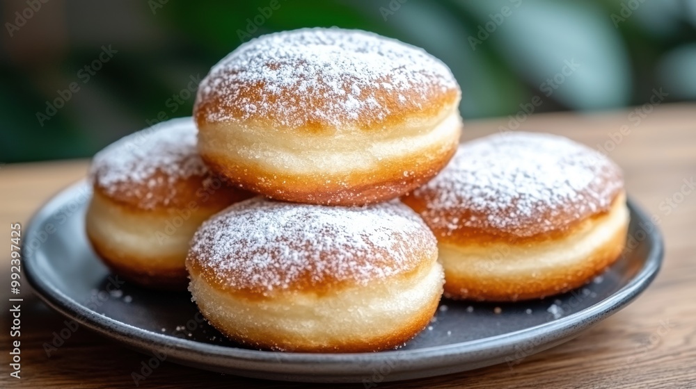 Delicious powdered sugar donuts on a plate Delicious powdered sugar donuts on a plate