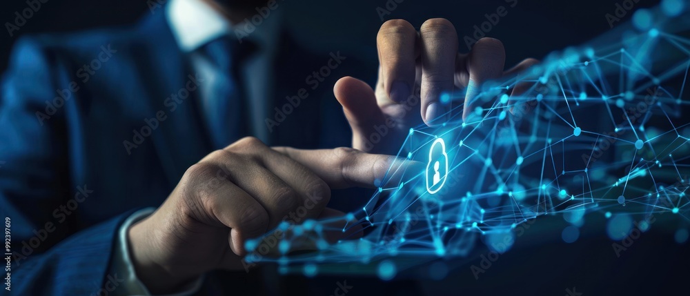 Fototapeta premium Businessman using fingerprint scan unlock and access to business data network AI generated image