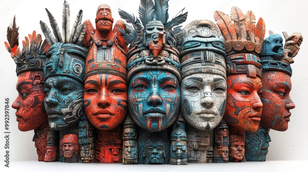 Colorful sculptures of ancient faces with intricate patterns and details. Colorful sculptures of ancient faces with intricate patterns and details.
