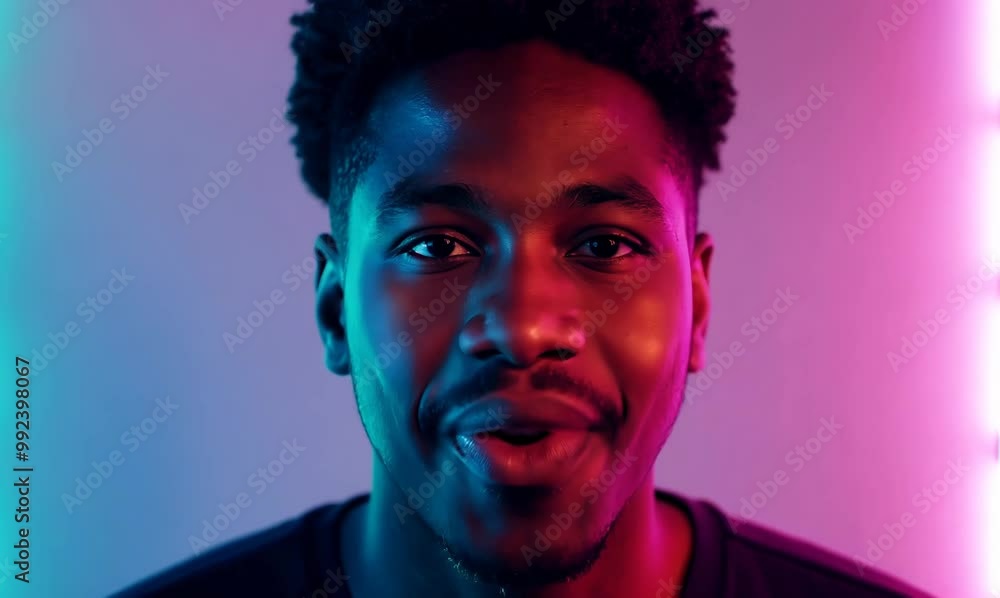 Young African American Guy Laughing Under Neon Lights Young African American Guy Laughing Under Neon Lights