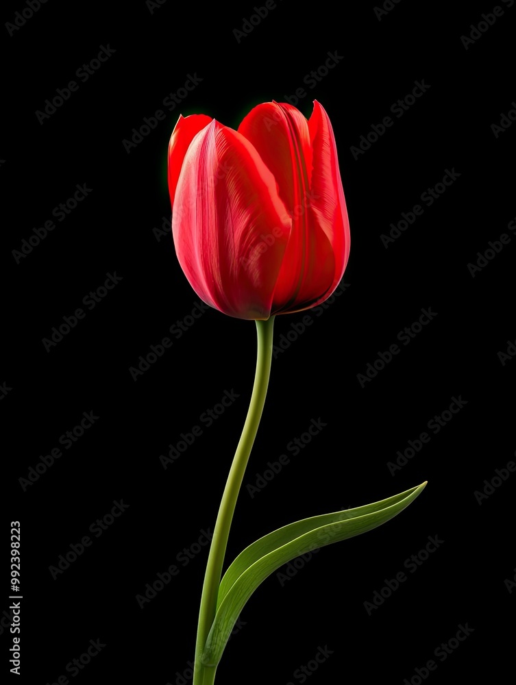 Red tulip, single stem, clean black isolated background Red tulip, single stem, clean black isolated background