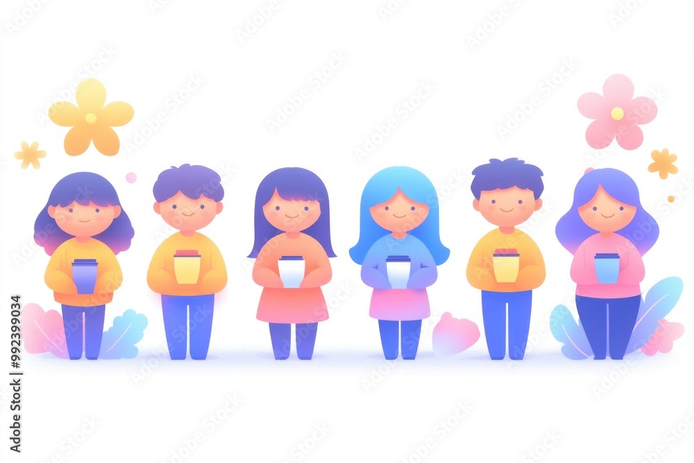 Black friday sale concept with cheerful characters and colorful flowers for promotional design Black friday sale concept with cheerful characters and colorful flowers for promotional design