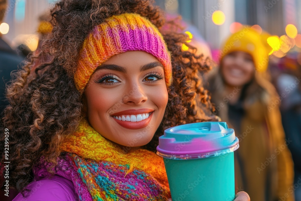 Fototapeta premium Joyful black friday shopping experience with smiling woman in vibrant city