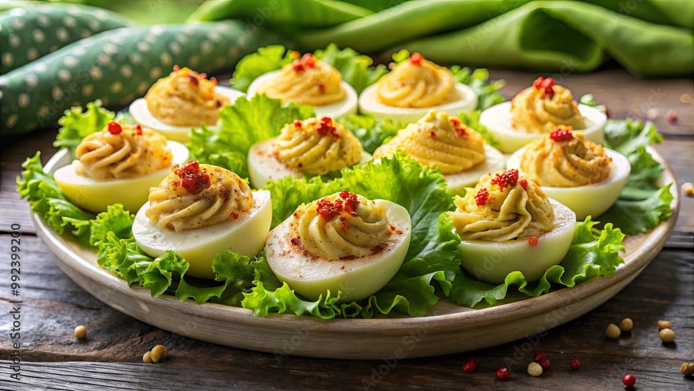 A plate of deviled eggs with a creamy filling and a sprinkle of paprika, nestled on a bed of fresh lettuce, ready to be enjoyed as a delightful appetizer A plate of deviled eggs with a creamy filling and a sprinkle of paprika, nestled on a bed of fresh lettuce, ready to be enjoyed as a delightful appetizer