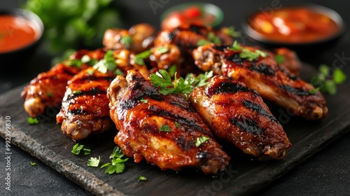 Grilled chicken wings garnished with herbs on a rustic platter.