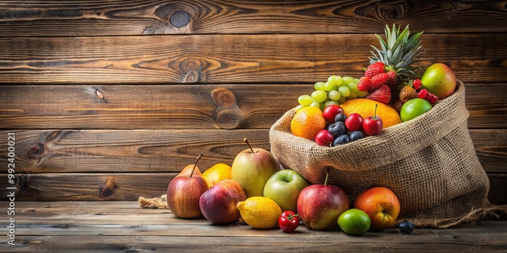 A Burlap Sack Filled with a Variety of Fresh Fruits, Including Apples, Oranges, Grapes, and Strawberries, Spilling onto a Rustic Wooden Table A Burlap Sack Filled with a Variety of Fresh Fruits, Including Apples, Oranges, Grapes, and Strawberries, Spilling onto a Rustic Wooden Table