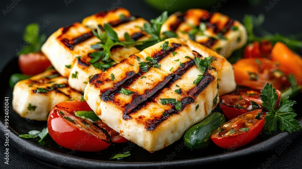 Grilled halloumi cheese with fresh tomatoes and herbs on a black plate. Grilled halloumi cheese with fresh tomatoes and herbs on a black plate.