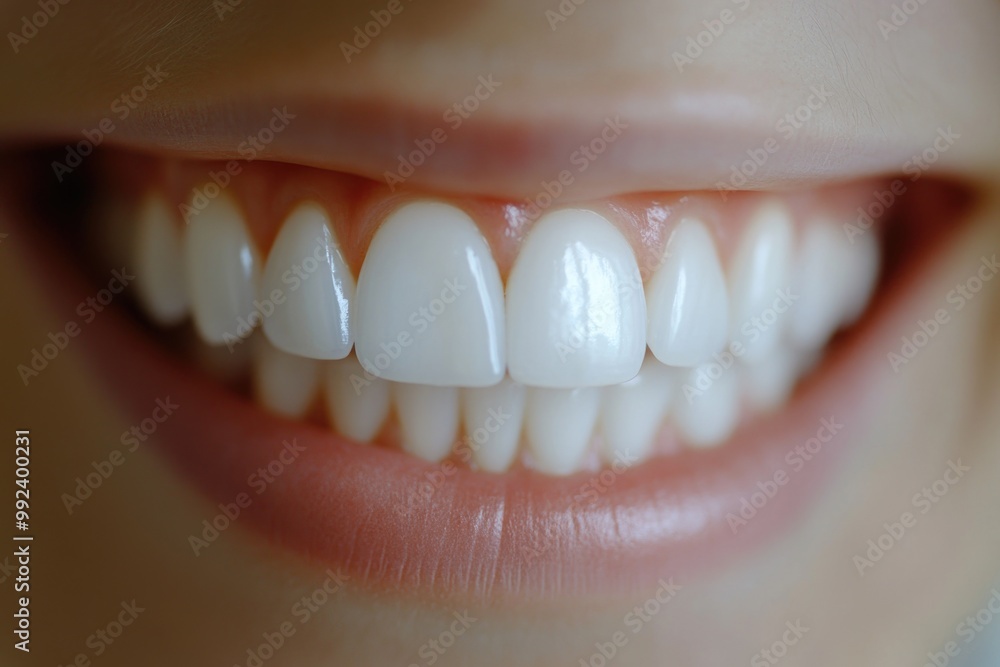 Fototapeta premium Bright white smile showcasing perfect teeth and healthy gums in close-up