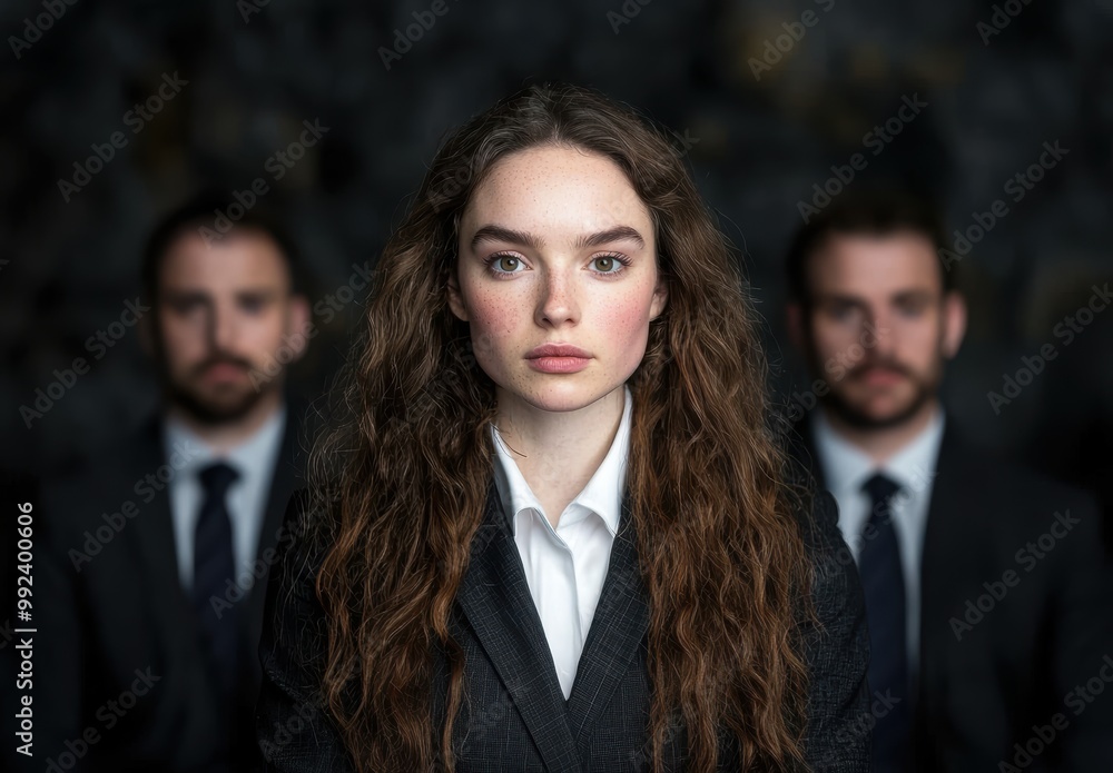 Serious young woman in business attire with two men in background Serious young woman in business attire with two men in background