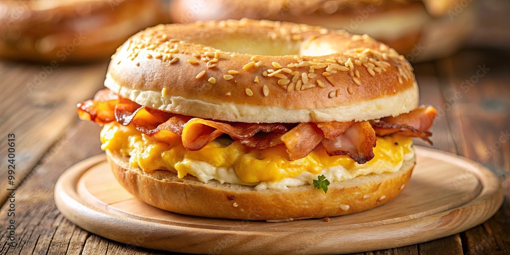 A Sesame Seeded Bagel Topped with Crispy Bacon, Fluffy Scrambled Eggs, and Melted Cheese, Served on a Wooden Plate A Sesame Seeded Bagel Topped with Crispy Bacon, Fluffy Scrambled Eggs, and Melted Cheese, Served on a Wooden Plate