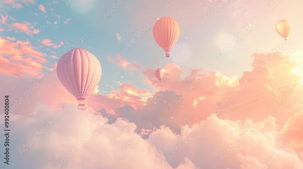 Obraz premium Magical background with pastel-colored sky and floating hot air balloons, evoking adventure and escapism.