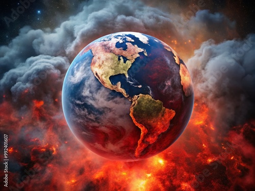 Glowing red Earth from space, with dark clouds and pollution swirling around it, symbolizing the planet's fragility in the face of rising carbon emissions.