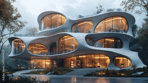 Modern architectural design featuring organic shapes and large windows.