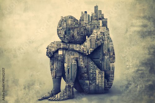 Abstract image of a crouching human form built from city buildings, representing urbanization, isolation, and modern life complexity. photo