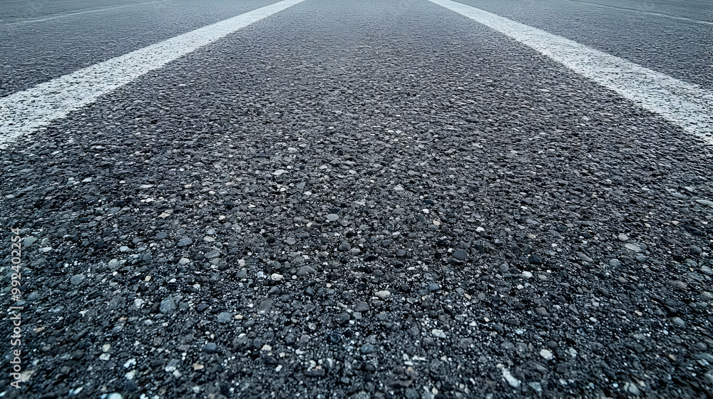 A Close-Up View of a Black Asphalt Road Surface with Three White Lines Painted on It, Leading to a Vanishing Point in the Distance A Close-Up View of a Black Asphalt Road Surface with Three White Lines Painted on It, Leading to a Vanishing Point in the Distance