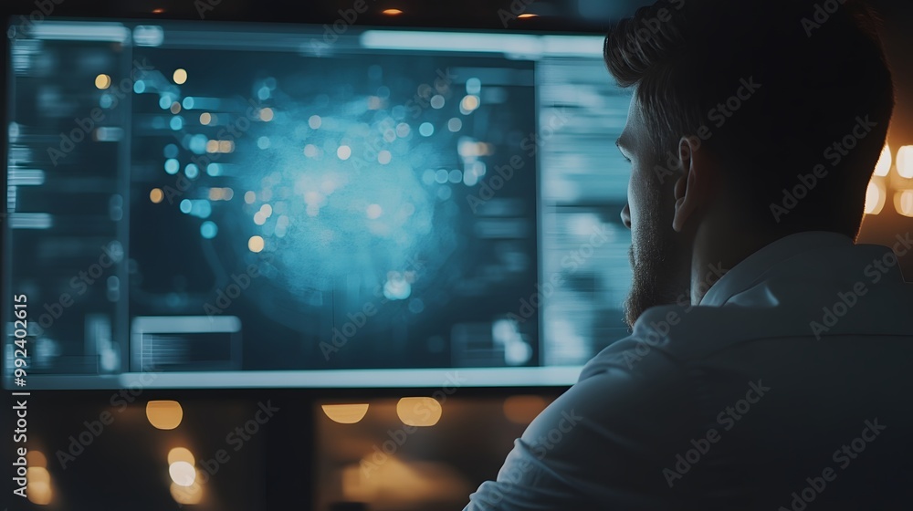 Man Focused on Data Analysis on Computer Monitor Man Focused on Data Analysis on Computer Monitor