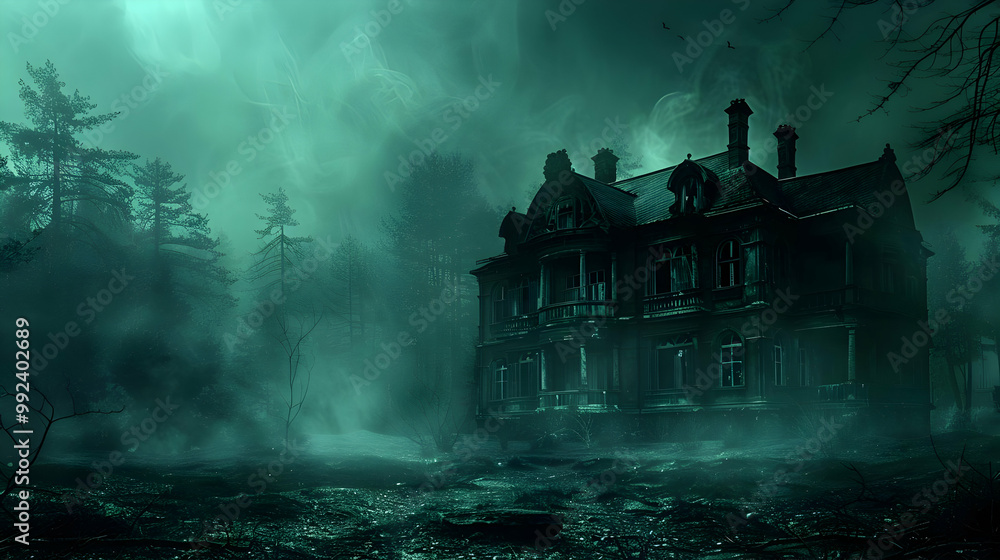 A Creepy, Eerie, and Haunted Old Mansion Stands Tall in a Foggy, Mysterious Forest, The House is Dark and Desolate, with Broken Windows and a Creaking Door A Creepy, Eerie, and Haunted Old Mansion Stands Tall in a Foggy, Mysterious Forest, The House is Dark and Desolate, with Broken Windows and a Creaking Door