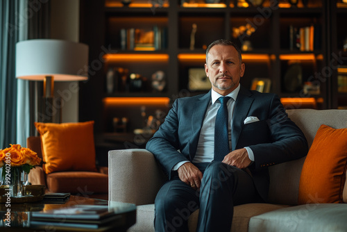 A photo of the manager in an expensive suit sitting on a sofa, behind him is a modern hotel interior with orange accents and shelves for books. 