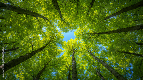 A View from Below Looking Up Through the Canopy of a Lush Forest of Green Trees
