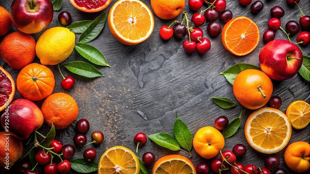A vibrant mix of fresh citrus fruits, red apples, and juicy cherries on a dark textured surface, creating a delicious visual feast. A vibrant mix of fresh citrus fruits, red apples, and juicy cherries on a dark textured surface, creating a delicious visual feast.