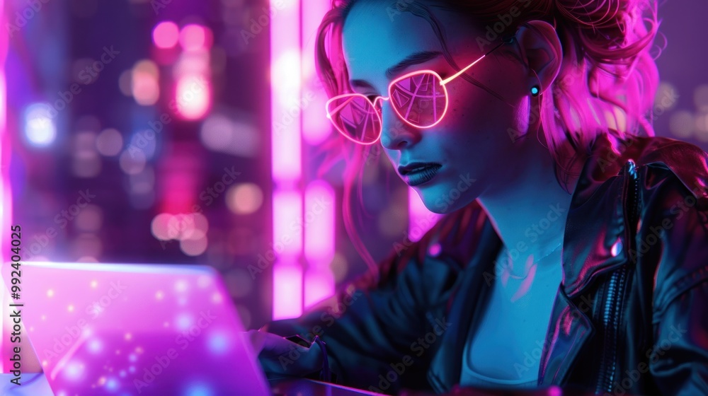 Cyberpunk woman working in front of laptop with neon lights for technology or science fiction design Cyberpunk woman working in front of laptop with neon lights for technology or science fiction design