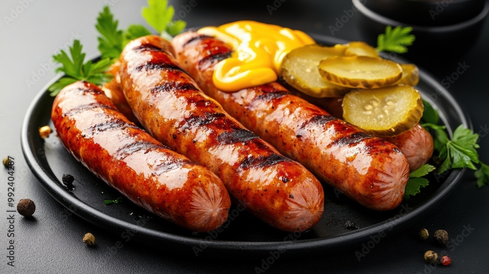 Grilled sausages served with mustard and pickles on a sleek black plate. Grilled sausages served with mustard and pickles on a sleek black plate.