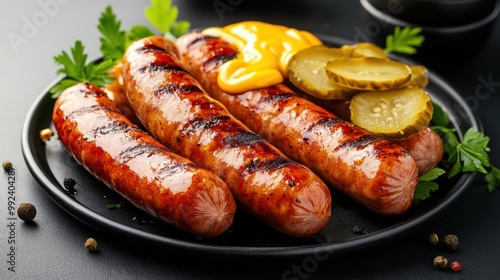 Grilled sausages served with mustard and pickles on a sleek black plate.