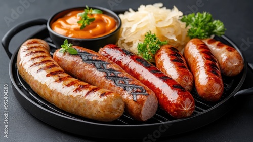 Grilled sausages served with sauerkraut and mustard on a black plate.