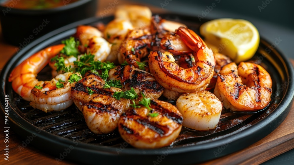 Grilled seafood platter with shrimp and scallops on a plate with herbs and lemon. Grilled seafood platter with shrimp and scallops on a plate with herbs and lemon.