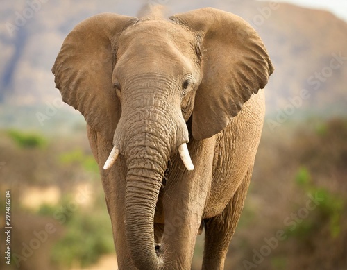 Isolated African elephant with depth of field showcasing wrinkled skin and majestic presence