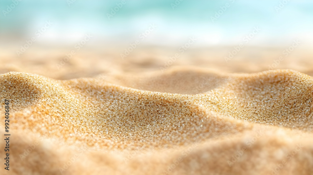 Close-up of Fine Sand Grains on a Beach with a Blurred Ocean Background Close-up of Fine Sand Grains on a Beach with a Blurred Ocean Background