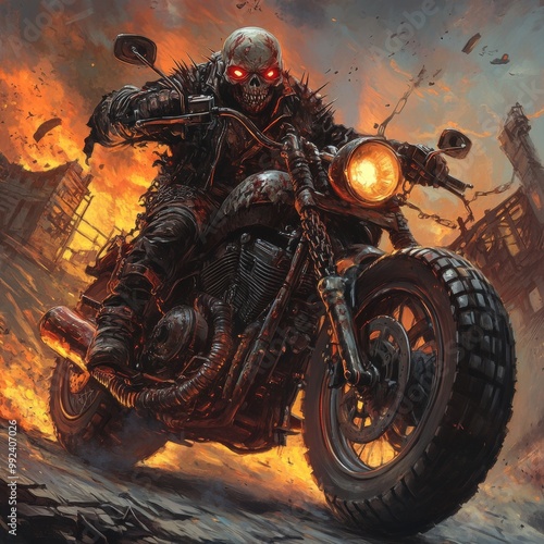 A zombie killer rides a motorcycle through a fiery, apocalyptic landscape. photo