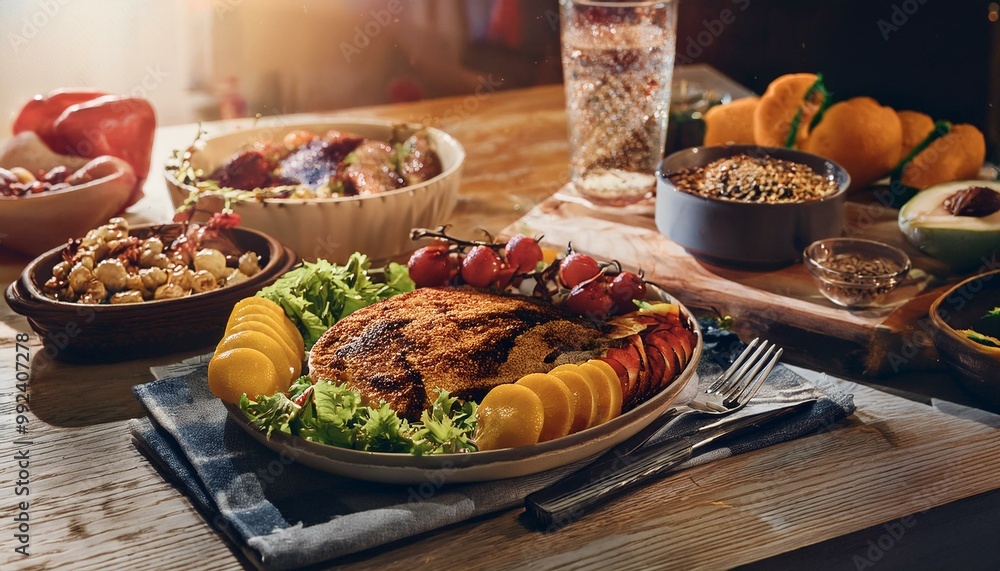 An inviting kitchen scene displays a vibrant low-glucose diet, featuring colorful fresh produce, grilled chicken, quinoa salad, and refreshing lemon-mint infused water for a nutritious lifestyle. An inviting kitchen scene displays a vibrant low-glucose diet, featuring colorful fresh produce, grilled chicken, quinoa salad, and refreshing lemon-mint infused water for a nutritious lifestyle.