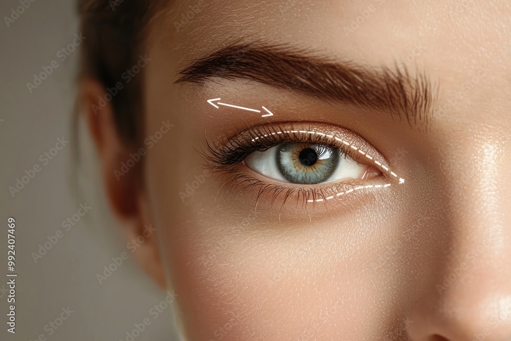Close-up of a woman's eye with arrows indicating lines for a plastic surgeon on a beige background. A close-up portrait showcasing the beautiful eyes and eyelashes Close-up of a woman's eye with arrows indicating lines for a plastic surgeon on a beige background. A close-up portrait showcasing the beautiful eyes and eyelashes