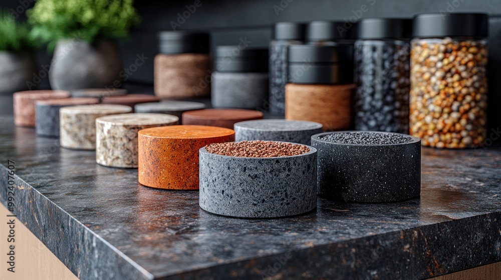 Fototapeta premium Collection of decorative containers on a textured countertop.