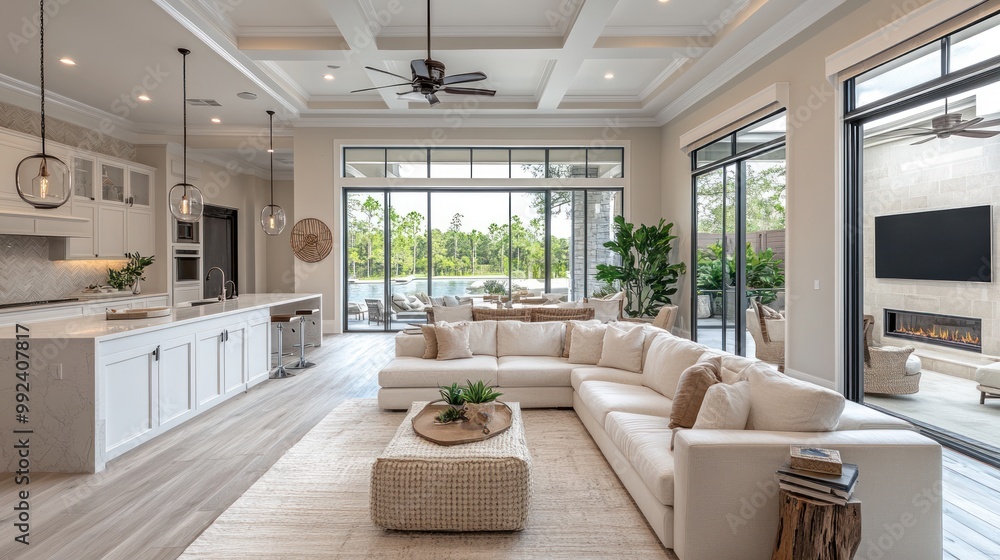 Modern living room with open layout and serene outdoor view. Modern living room with open layout and serene outdoor view.