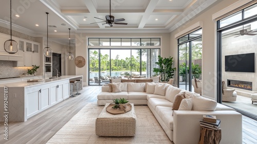 Modern living room with open layout and serene outdoor view.