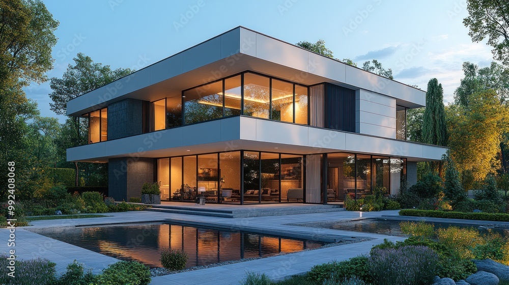 Modern house with large windows and landscaped garden at dusk. Modern house with large windows and landscaped garden at dusk.