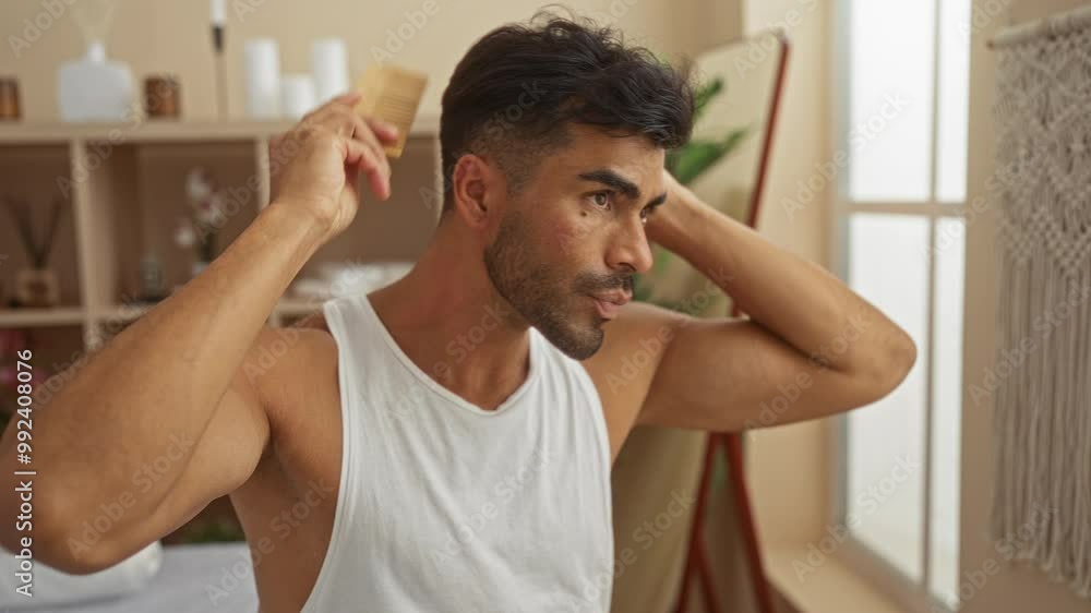 Young man combing hair in a bright wellness center room, showcasing attractive latin adult concentrating indoors Young man combing hair in a bright wellness center room, showcasing attractive latin adult concentrating indoors