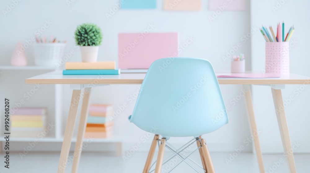 Fototapeta premium This bright home office features a stylish desk, colorful notebooks, and vibrant stationery, creating an inviting space for work or study