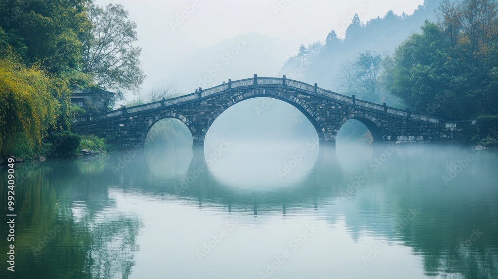 Fototapeta premium Stone Bridge Over Misty Lake
