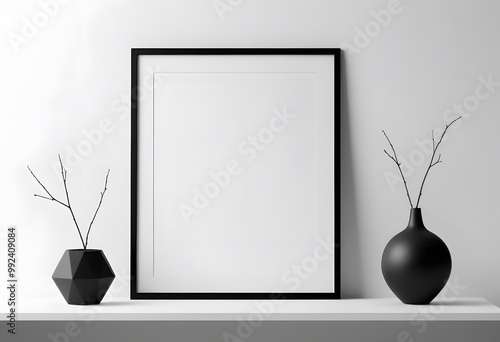 Black frame mockup leaning on white shelf with black vases and dry branches minimalist interior background