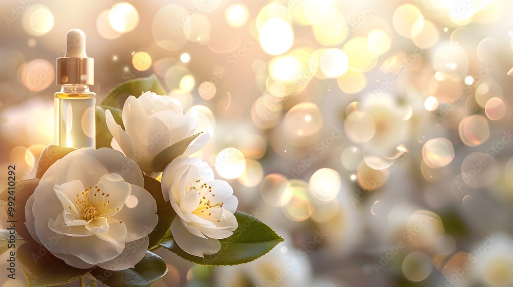 Glass bottle of oil with dropper, two white flowers, and bokeh background. Ideal for aromatherapy, spa, beauty, wellness, natural remedies, and skincare concepts. Glass bottle of oil with dropper, two white flowers, and bokeh background. Ideal for aromatherapy, spa, beauty, wellness, natural remedies, and skincare concepts.