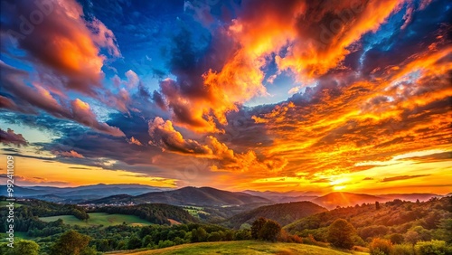 A breathtaking sunset over rolling hills, showcasing vibrant hues of orange, yellow, and blue in the sky as the sun descends below the horizon, casting a warm glow over the lush green landscape.