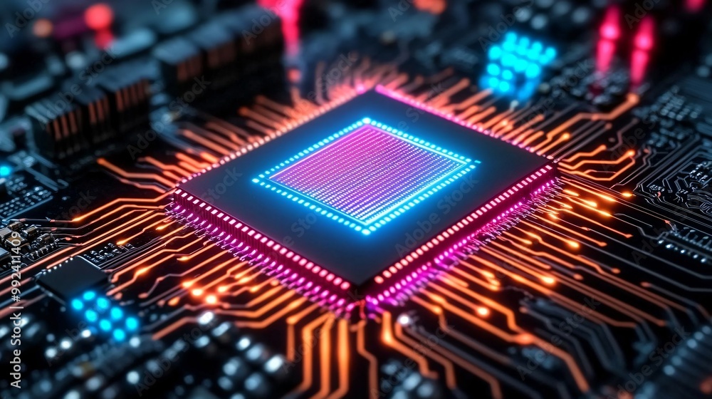 An illuminated microchip on a circuit board, surrounded by glowing neon pink An illuminated microchip on a circuit board, surrounded by glowing neon pink